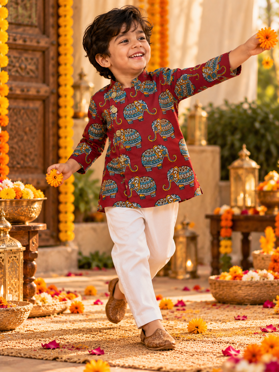 Red Angrakha Elephant Kurta Pajama