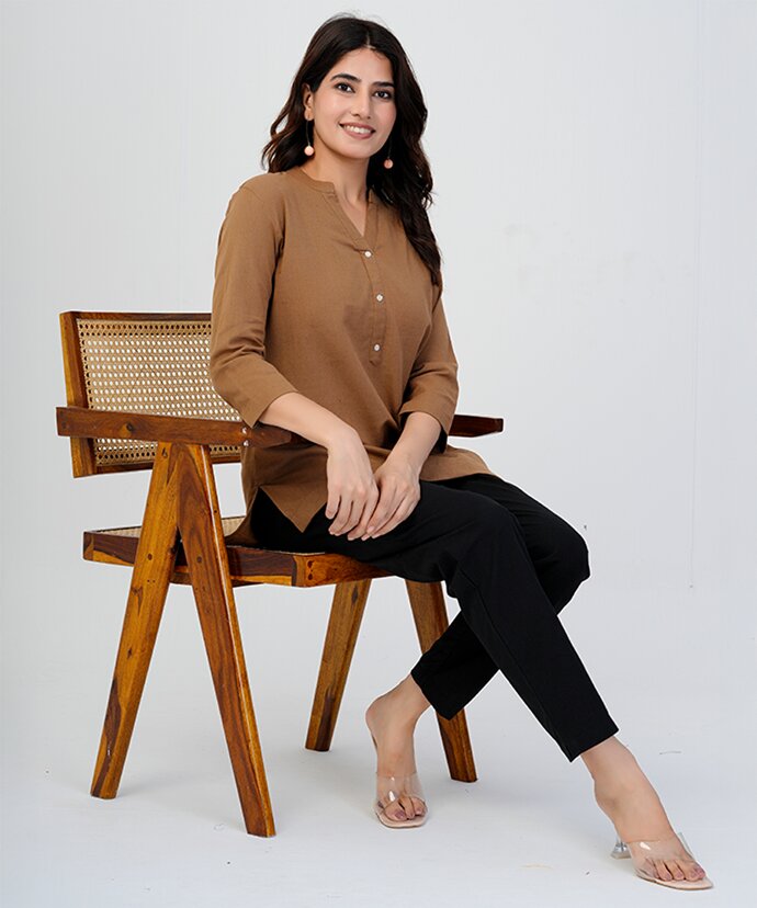 Coffee Brown Airy Linen Short Kurta