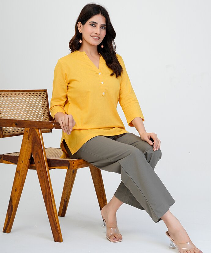 Yellow Airy Linen Short Kurta