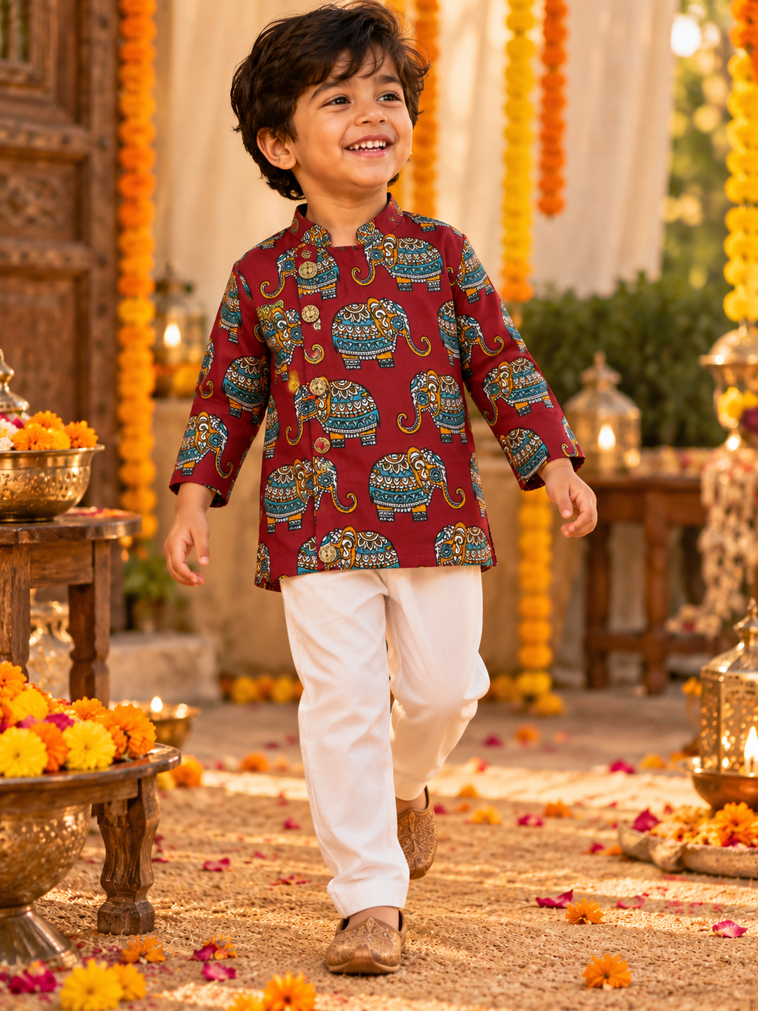 Red Angrakha Elephant Kurta Pajama