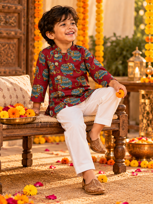 Red Angrakha Elephant Kurta Pajama
