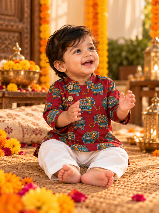 Red Angrakha Elephant Kurta Pajama
