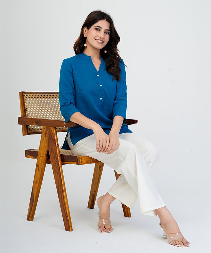 Turquoise Airy Linen Short Kurta